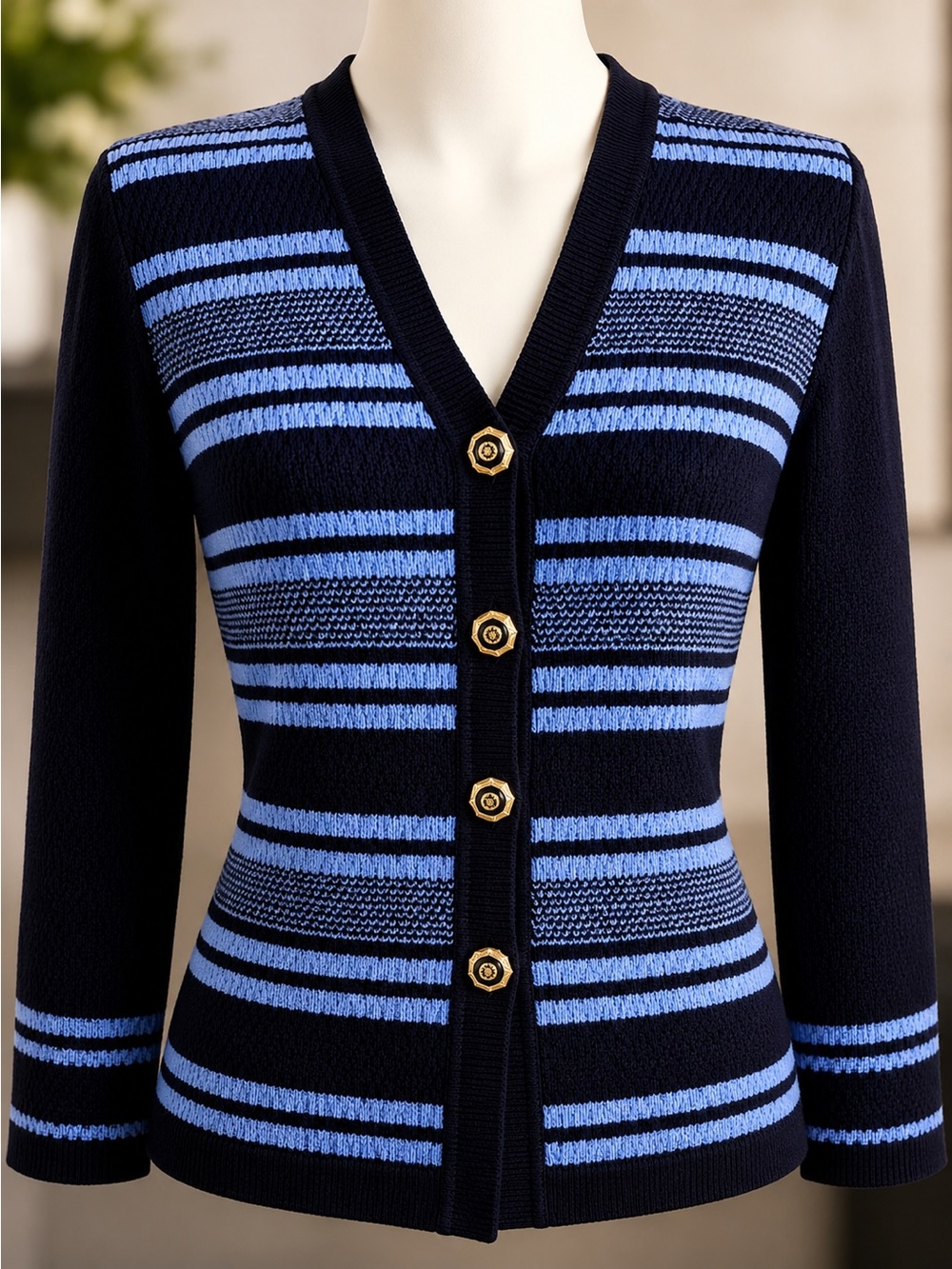 St. John Collection Blue Black Striped Knit Cardigan Jacket 4
